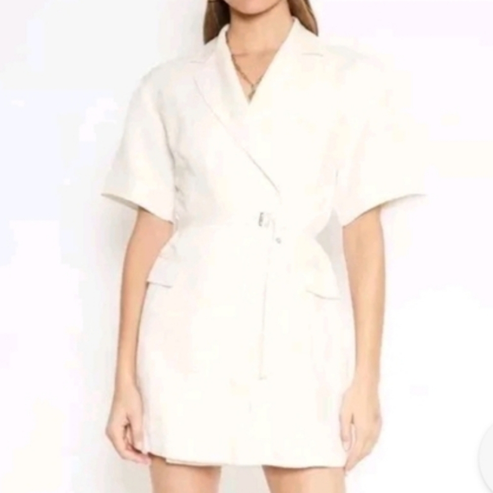 NWT 4SI3NNA Lorenzo Short-Sleeve Belted Blazer Dress Striped Ivory Large